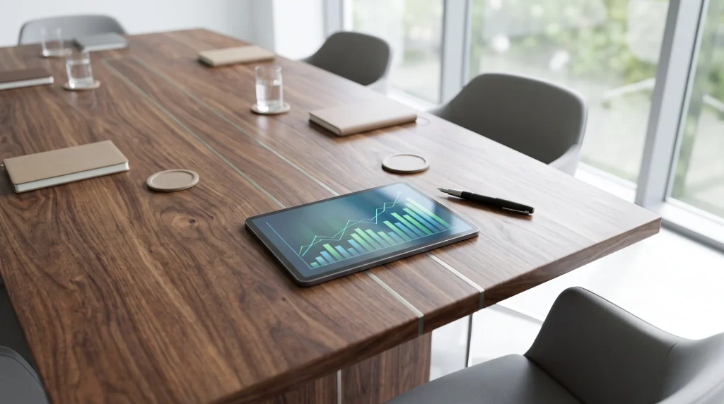 A luxury office setting showing financial growth charts on a digital screen.