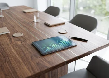 A luxury office setting showing financial growth charts on a digital screen.