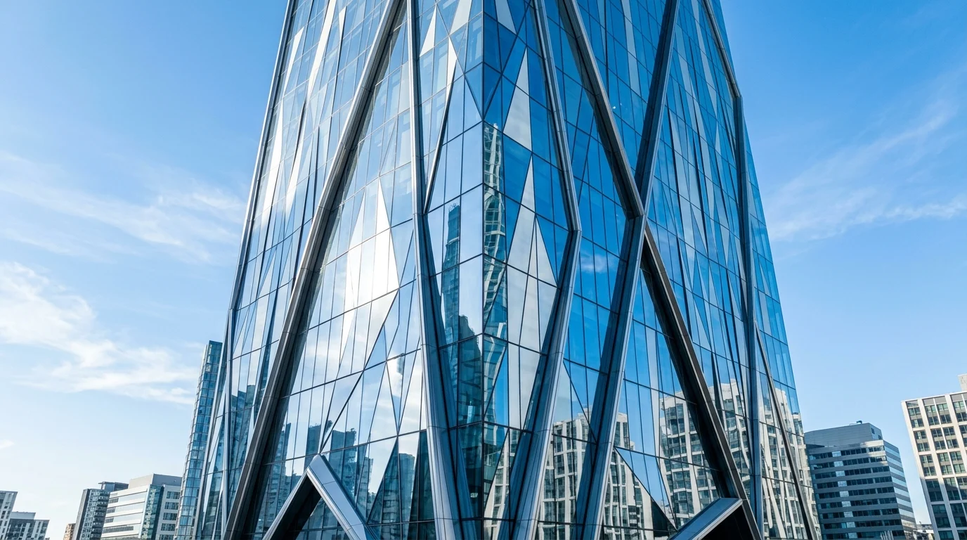Abstract geometric glass building reflecting the sky.