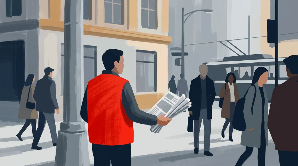 A conceptual illustration of a street magazine vendor in a red vest.