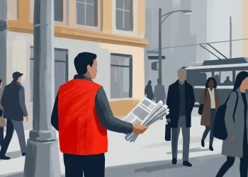 A conceptual illustration of a street magazine vendor in a red vest.
