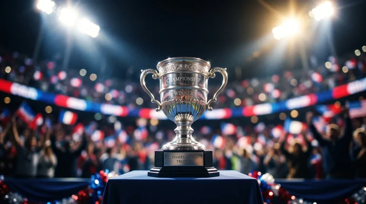 A silver championship trophy on a podium under bright arena lights.