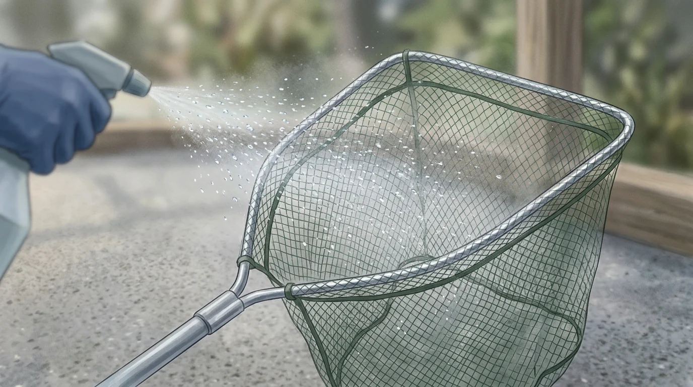 Water being sprayed onto a fishing net for cleaning.