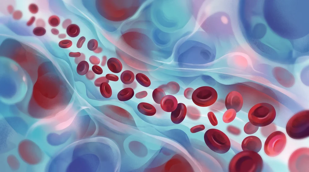 A conceptual medical illustration of red blood cells in a soft red and blue abstract style.