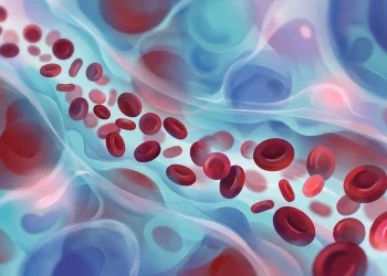 A conceptual medical illustration of red blood cells in a soft red and blue abstract style.