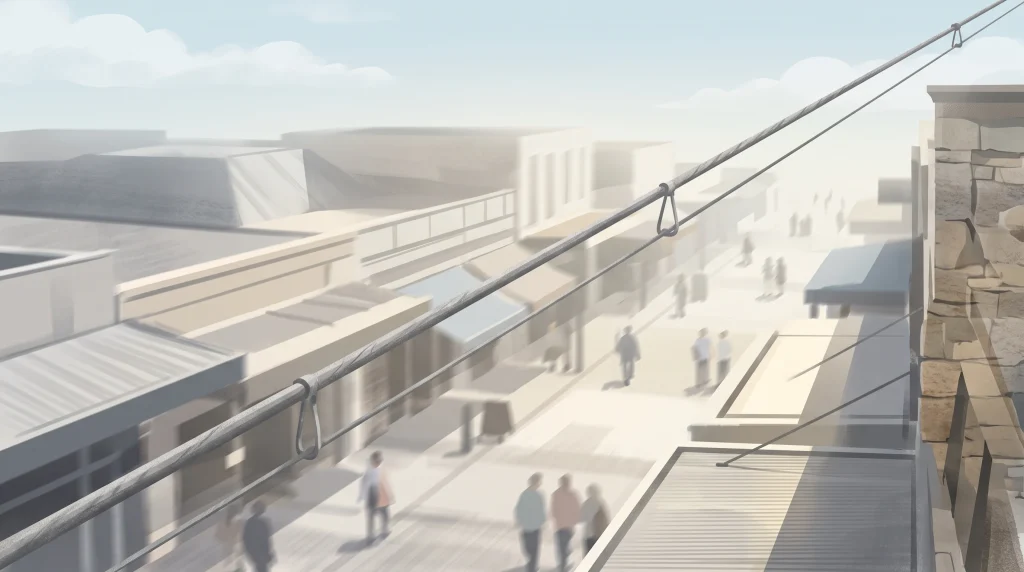A conceptual illustration of a high-altitude cable looking down on a town centre street.
