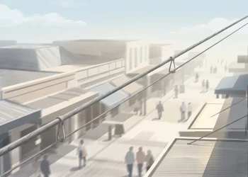 A conceptual illustration of a high-altitude cable looking down on a town centre street.