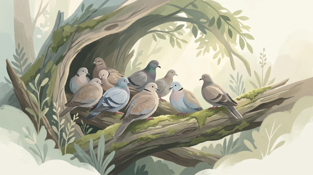 A conceptual illustration of birds resting in a sanctuary environment.