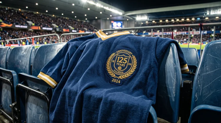 A special edition deep blue Brighton football shirt draped on a seat.