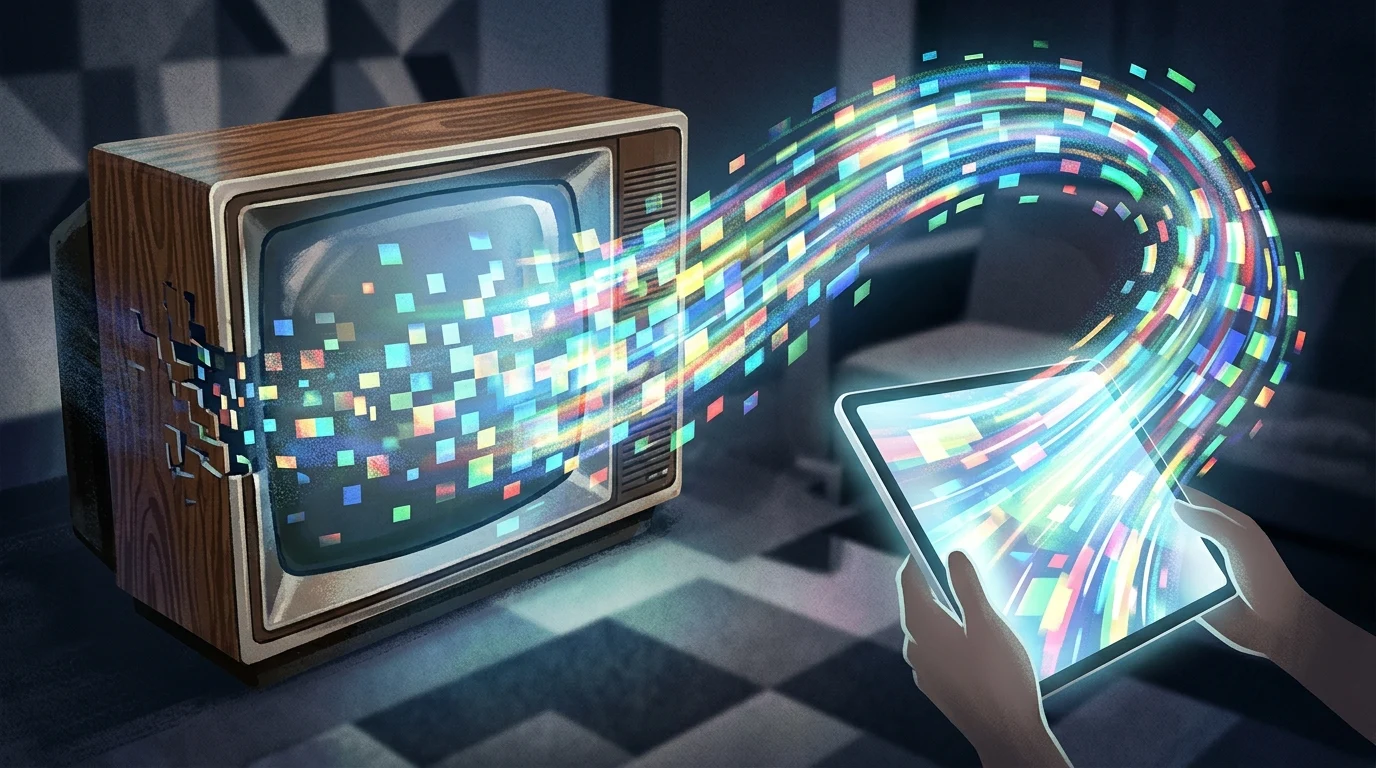 A graphic illustration showing a television screen transitioning into a digital tablet.