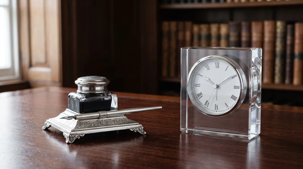 A minimalist desk setup with an inkwell and clock symbolizing a corporate transition.