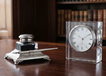 A minimalist desk setup with an inkwell and clock symbolizing a corporate transition.