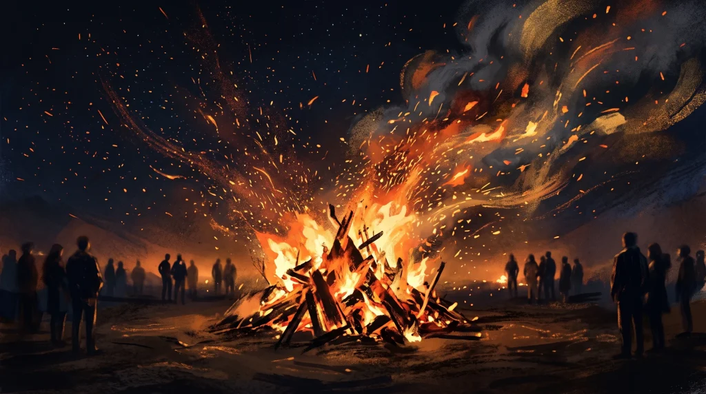 Conceptual illustration of a bonfire at night with sparks and embers.