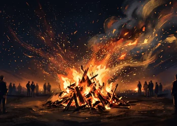 Conceptual illustration of a bonfire at night with sparks and embers.