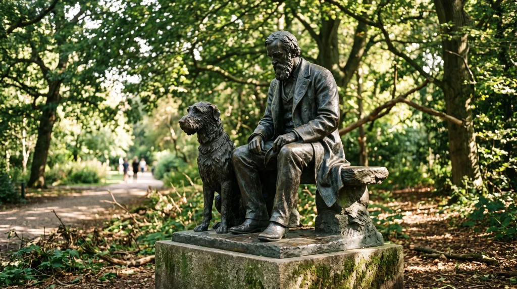 A bronze statue of a man and a dog in a park setting.