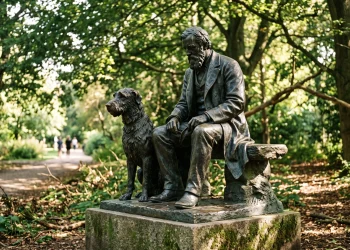 A bronze statue of a man and a dog in a park setting.