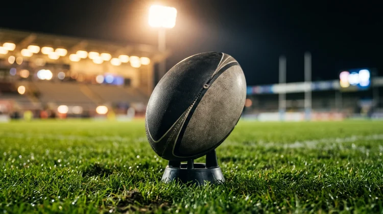 A rugby ball on a kicking tee on a professional pitch