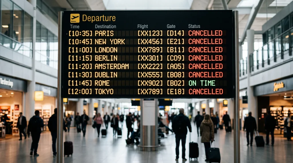 A generic airport departure board showing cancelled flights.