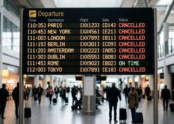 A generic airport departure board showing cancelled flights.