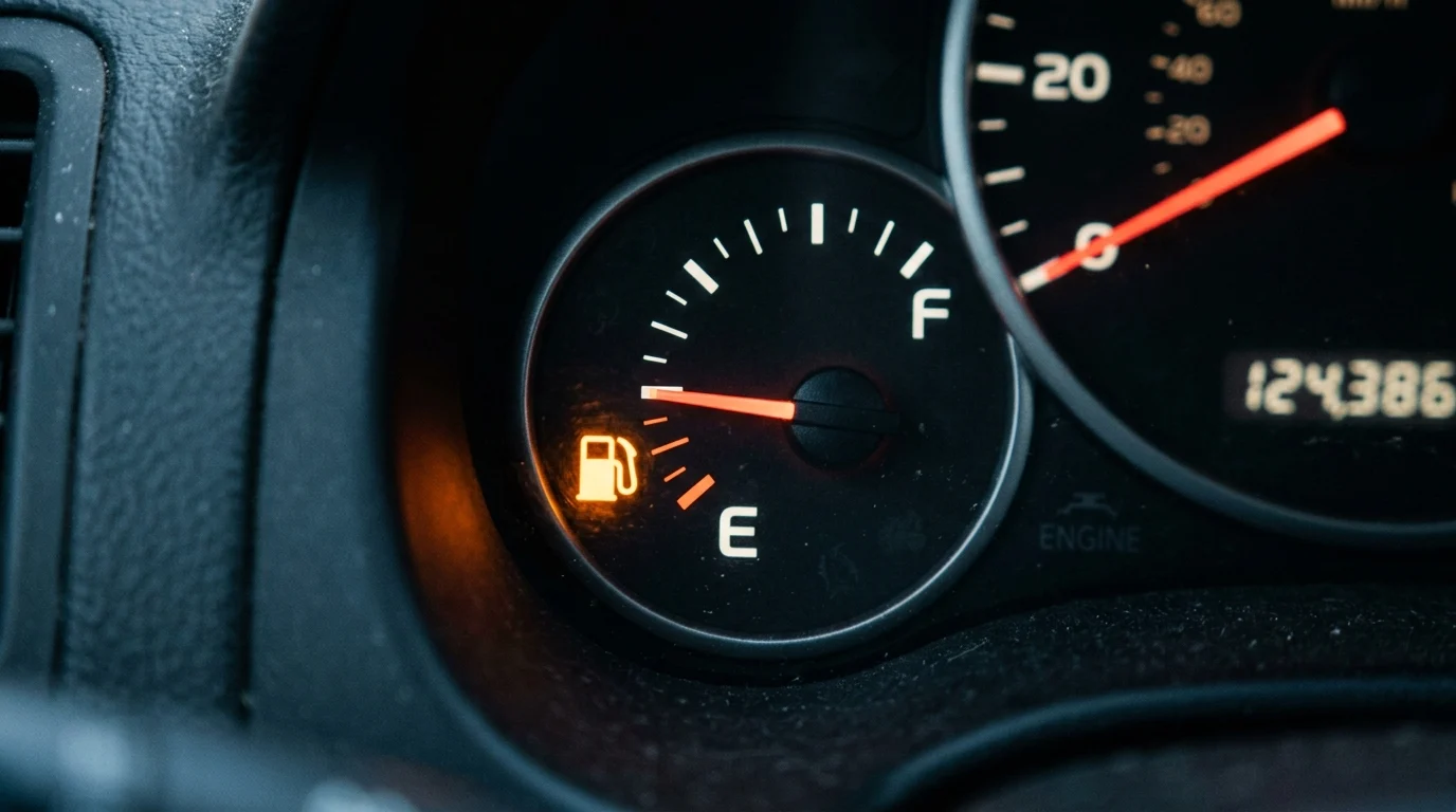 A car fuel gauge showing a low fuel level.