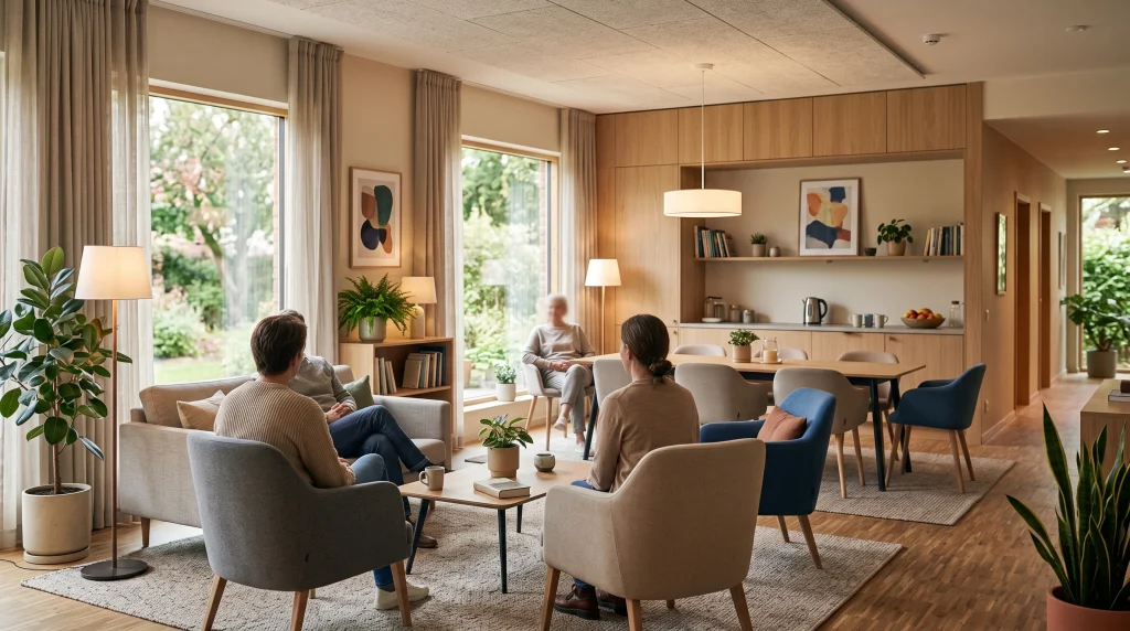 A modern and well-maintained communal area in a residential care home.