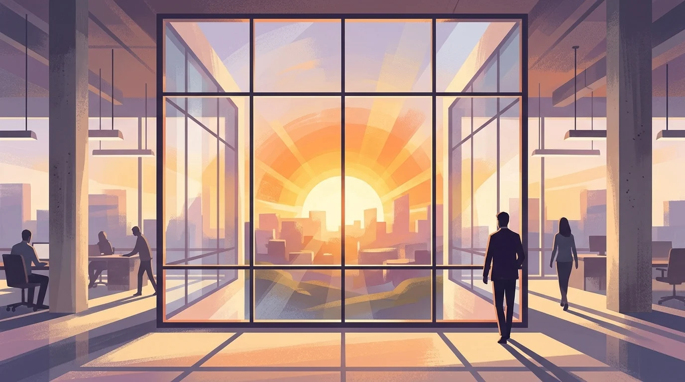 A conceptual image of a new career beginning with a sunrise.