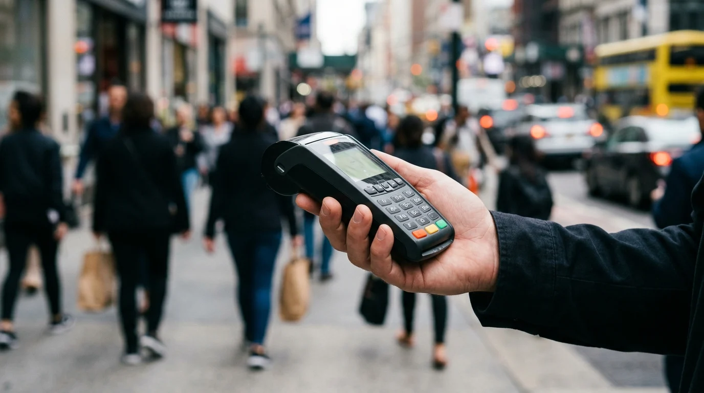 A close up of a card machine being used on a street.