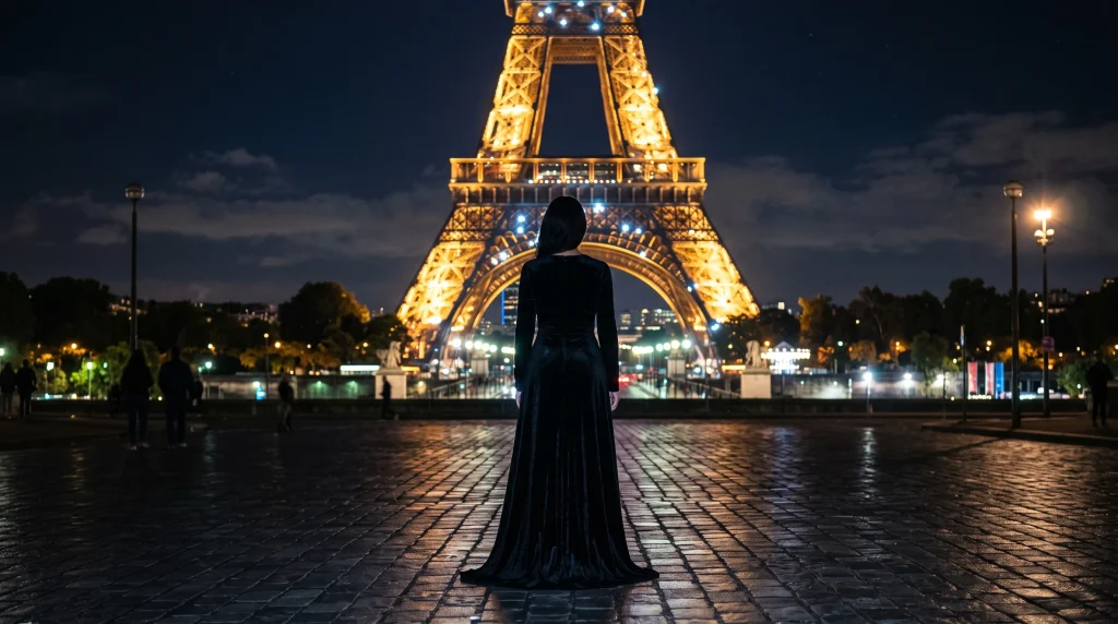 A conceptual silhouette of a performer in a gown against a Parisian backdrop.