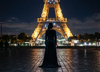 A conceptual silhouette of a performer in a gown against a Parisian backdrop.