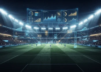 Conceptual image of a football stadium with digital data overlays.
