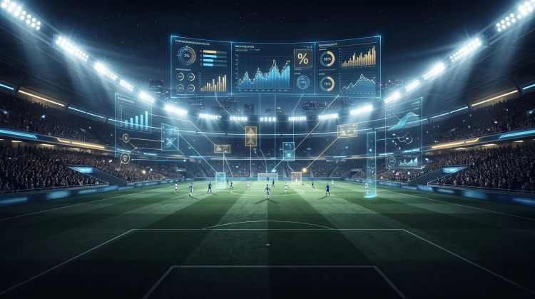 Conceptual image of a football stadium with digital data overlays.