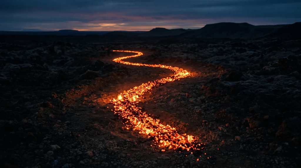 A conceptual path of glowing hot embers at dusk.