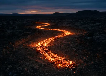 A conceptual path of glowing hot embers at dusk.
