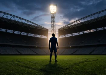 Silhouette of a football player in a blue kit standing in a stadium