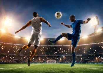 Generic action shot of two football players in blue and amber kits competing for a header in a stadium.