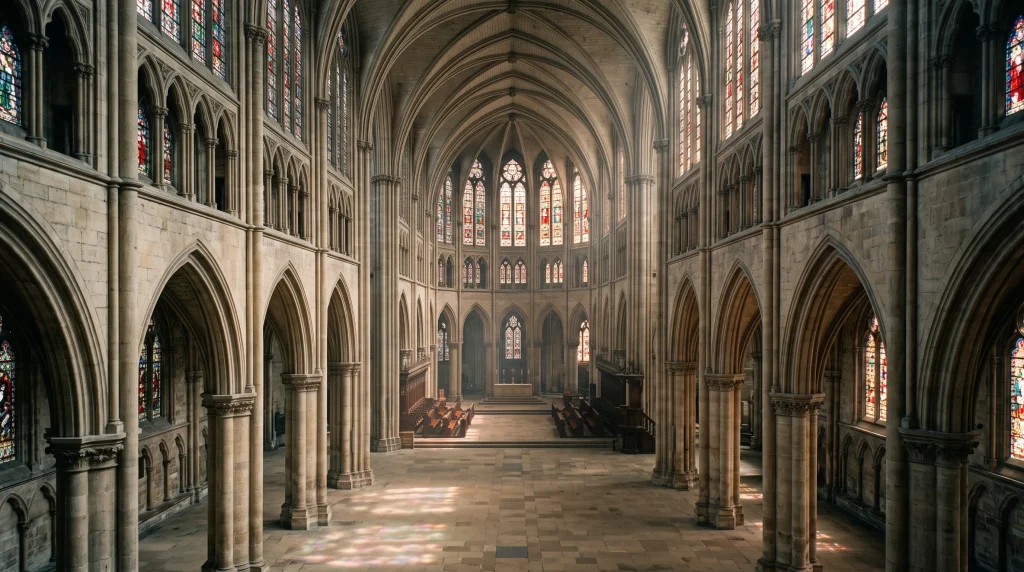 A conceptual view of a cathedral interior with light streaming through windows.