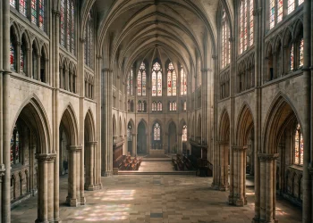 A conceptual view of a cathedral interior with light streaming through windows.