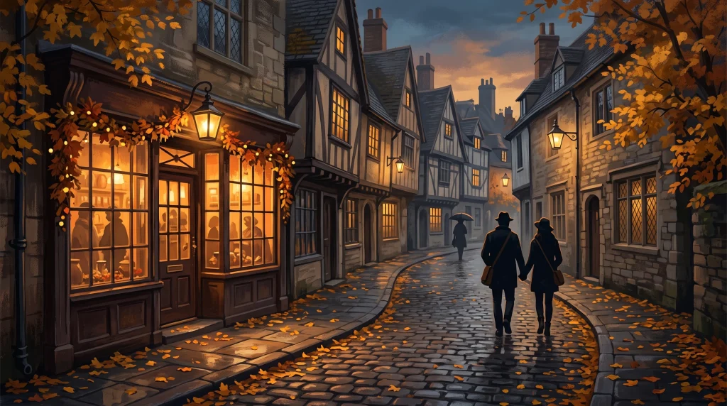 A conceptual illustration of a historic English street in autumn.