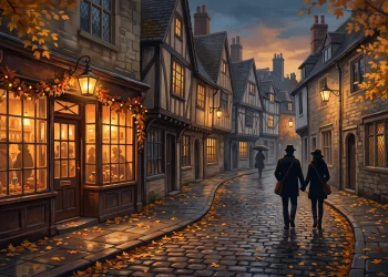 A conceptual illustration of a historic English street in autumn.