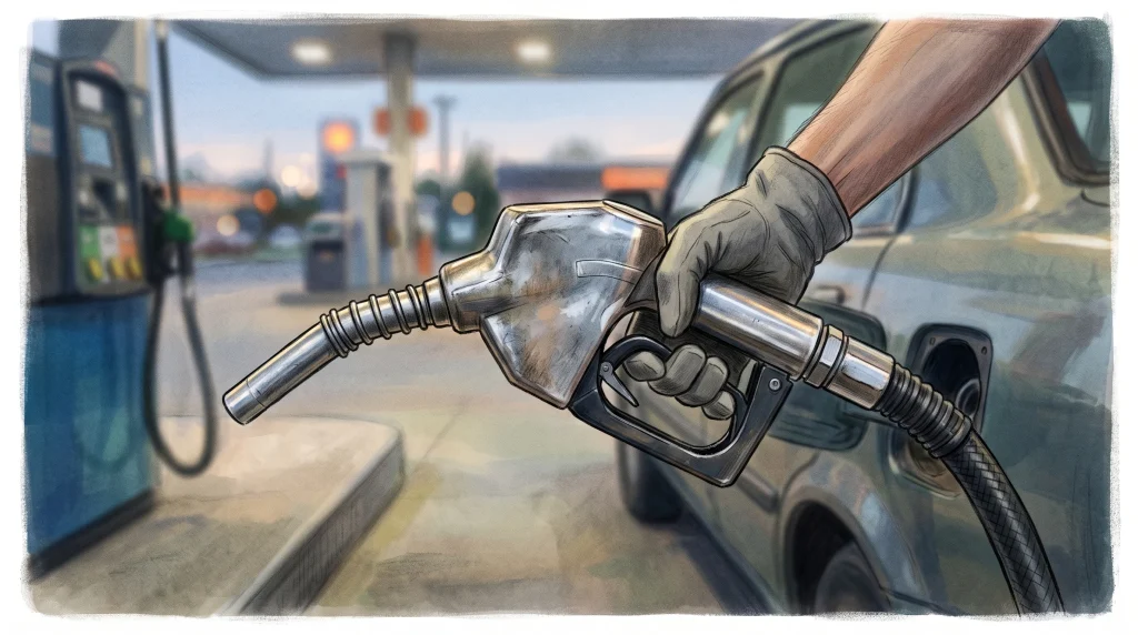 A close-up of a fuel pump nozzle at a petrol station forecourt.