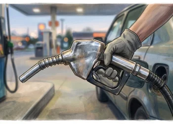 A close-up of a fuel pump nozzle at a petrol station forecourt.