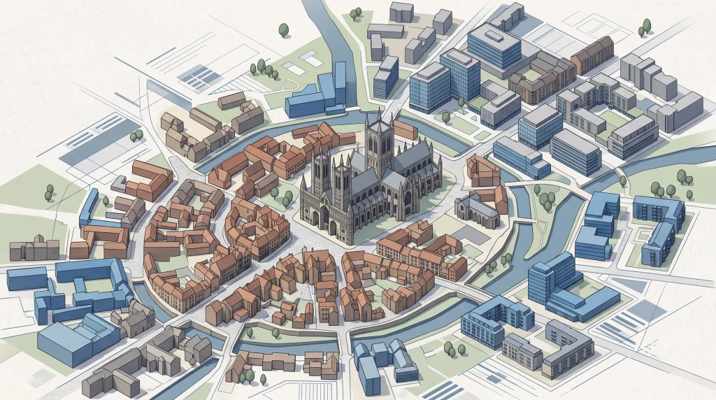 A conceptual illustration representing urban development and regional identity for a city.