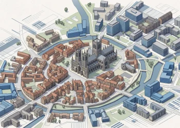 A conceptual illustration representing urban development and regional identity for a city.