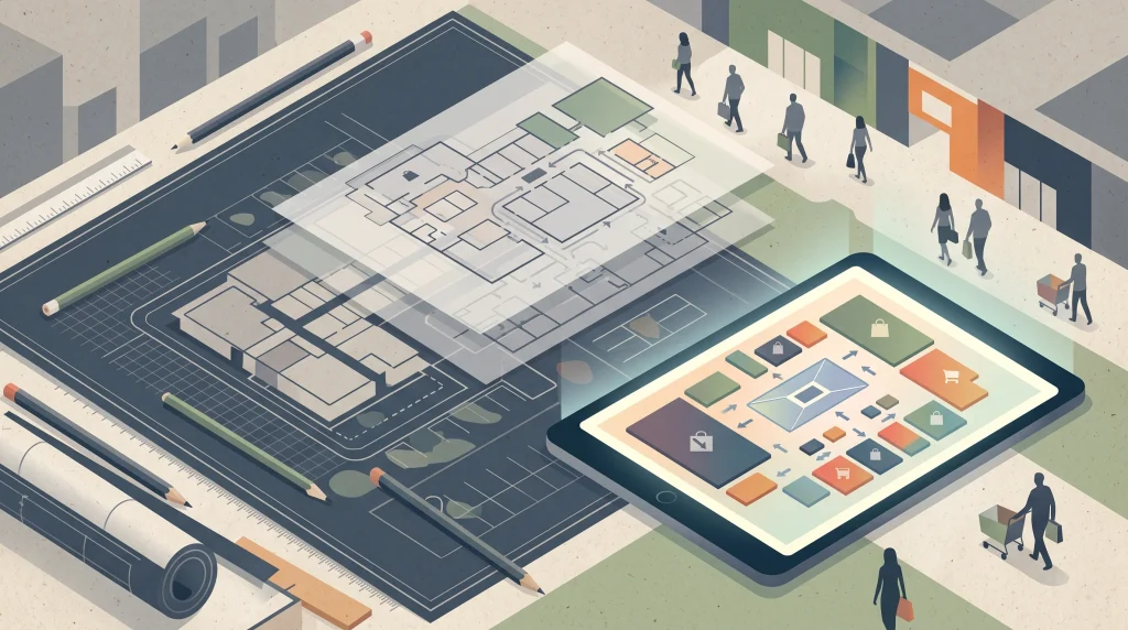 Conceptual illustration of retail planning documents and blueprints.