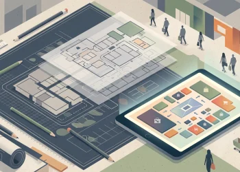 Conceptual illustration of retail planning documents and blueprints.