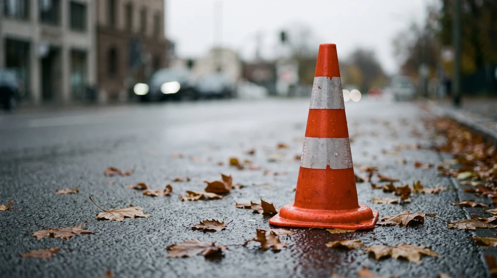 A conceptual image of a traffic cone on an urban road.