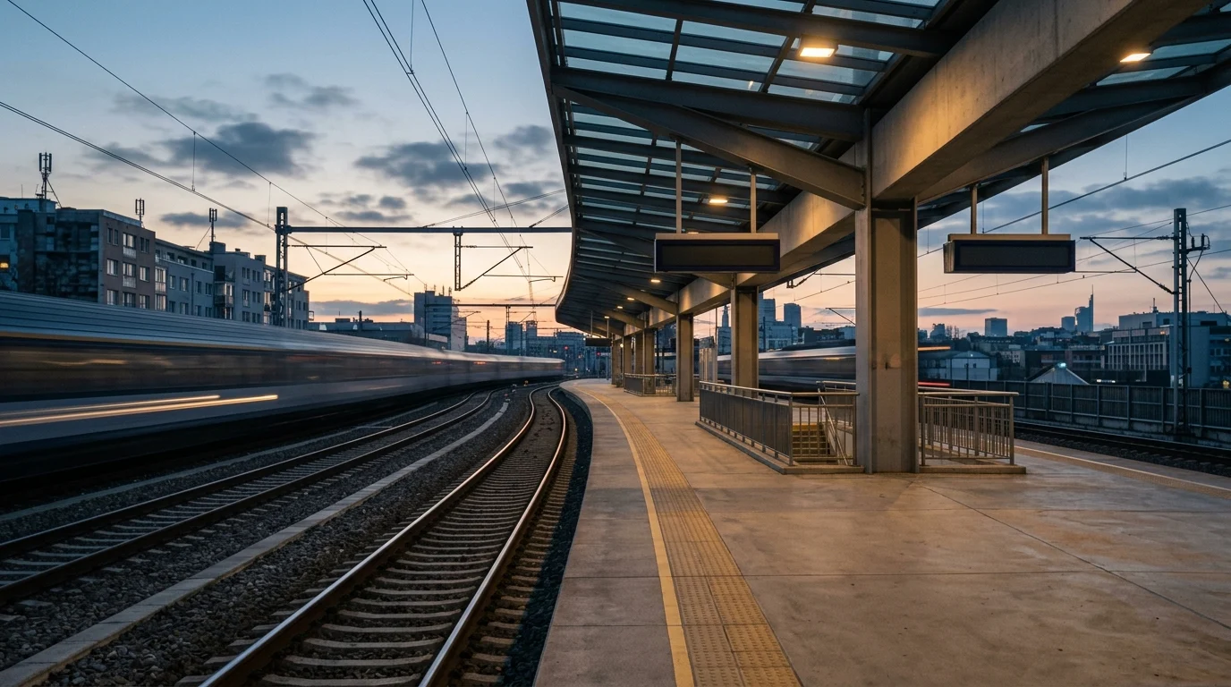 A blurred view of a railway station platform