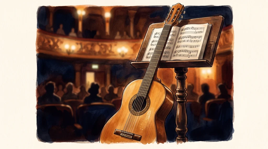 A conceptual illustration of a classical guitar in a concert setting.