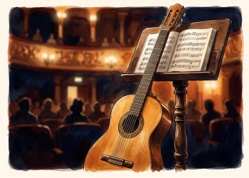 A conceptual illustration of a classical guitar in a concert setting.