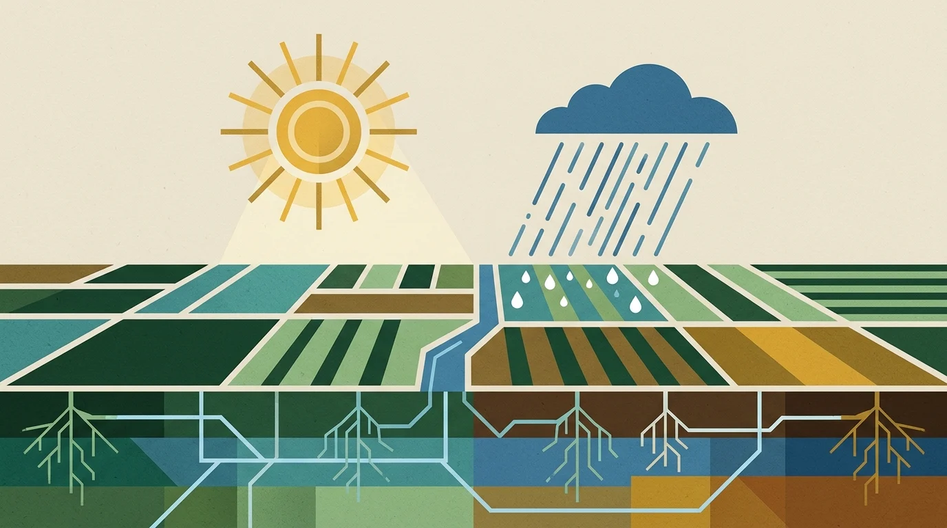 Graphic representation of weather patterns and agriculture.